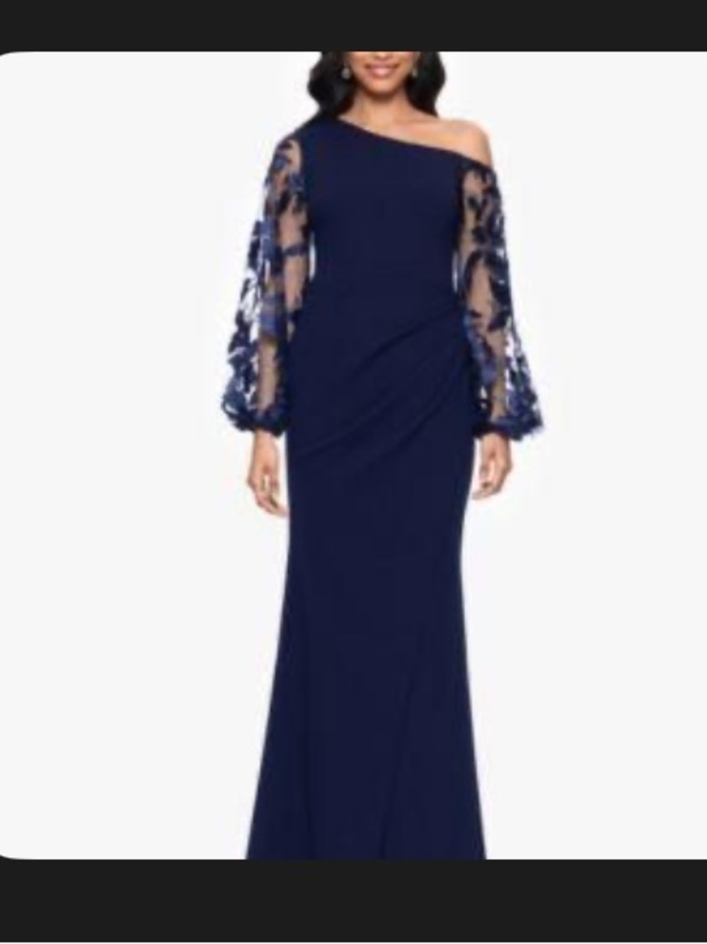 NWT Betsy & Adam Navy Asymmetrical Lace Sleeve Gown 10P $279